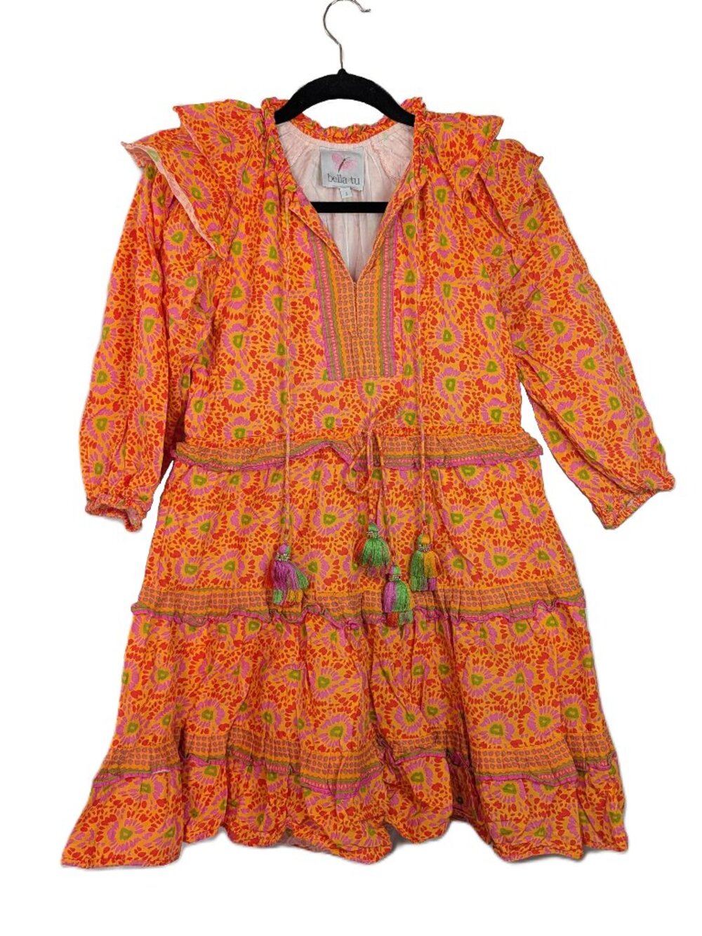 Bella Tu Boho Tiered Peasant Mini Dress Orange Pink Tassel Cotton Small S